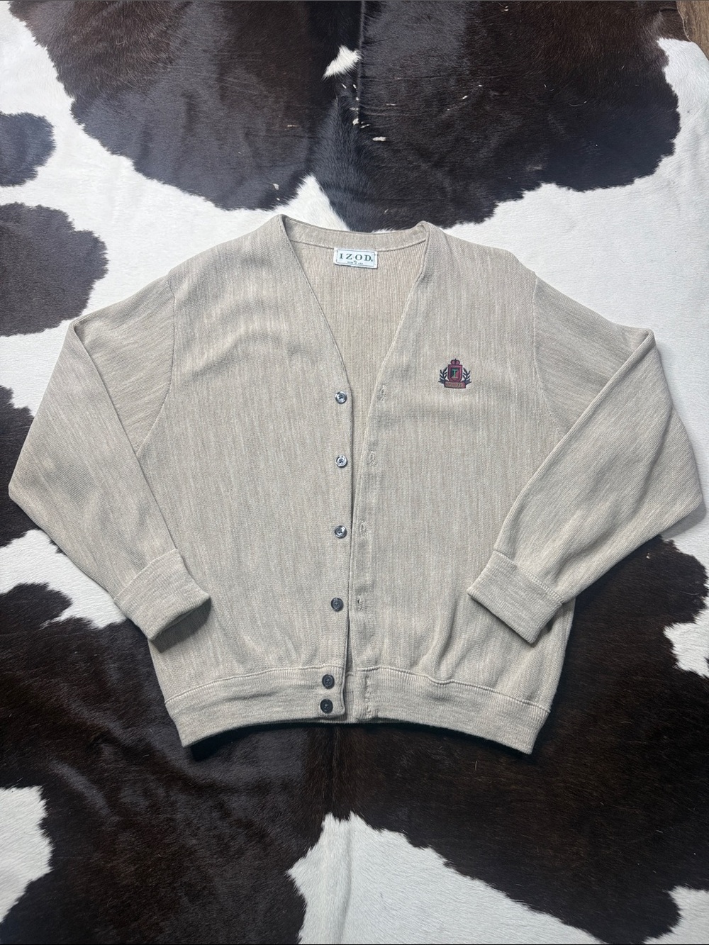 Izod Taupe Button-Up Cardigan with Embroidered Crest